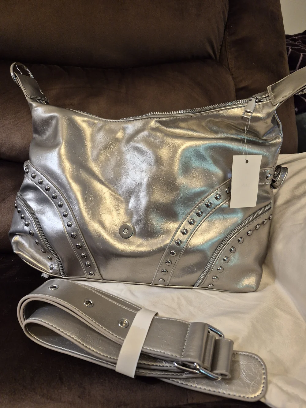 Metallic Silver Studded Hobo Bag with Detachable Strap